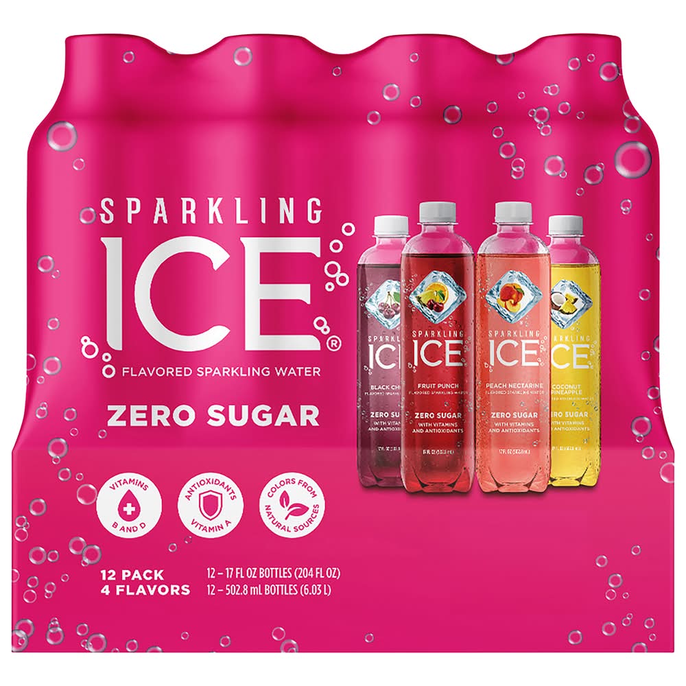 Sparkling Ice Zero Sugar Sparkling Water Variety pack, Fruit Punch/Peach Nectarine/Black Cherry/Coconut Pineapple (12 x 17 fl oz)