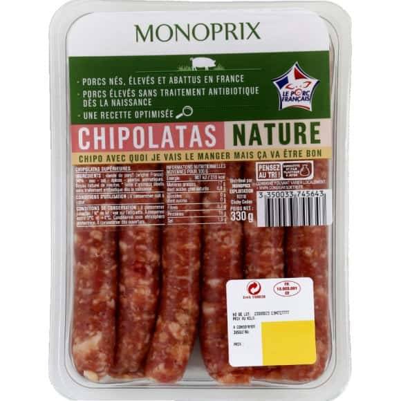 Monoprix Chipolatas Nature De Porc Eleve Sans Traitement Antibiotique La Barquette De 6 , 330 G