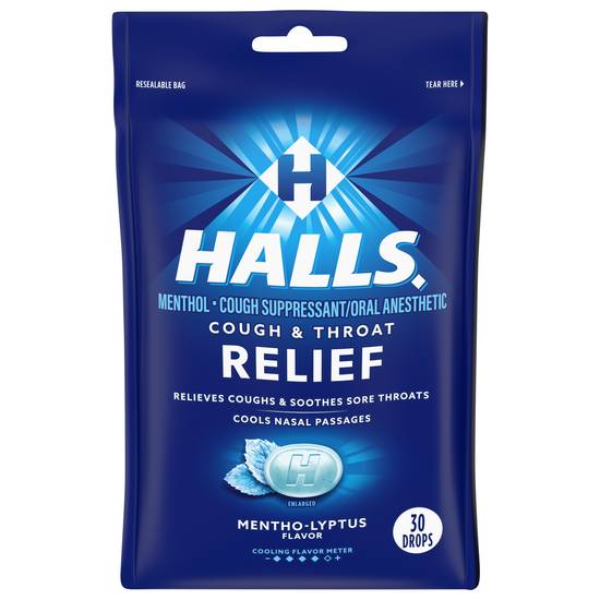 Halls Mentho-Lyptus Flavor Cough Throat Relief Drops, 30 ct