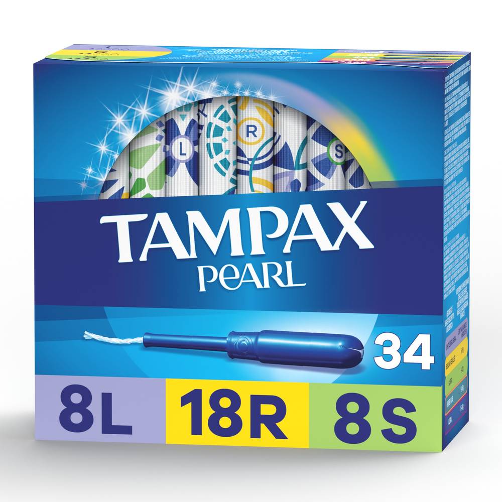 Tampax Pearl Tampons, Light/Regular/Super Absorbency With Leakguard Braid, Triple Pack, Unscented, 34 Count