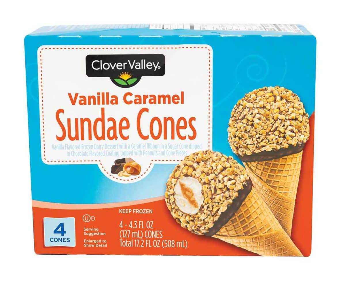 Clover Valley Dessert Sundae Cones, Vanilla-Caramel (4 x 4.3 fl oz)