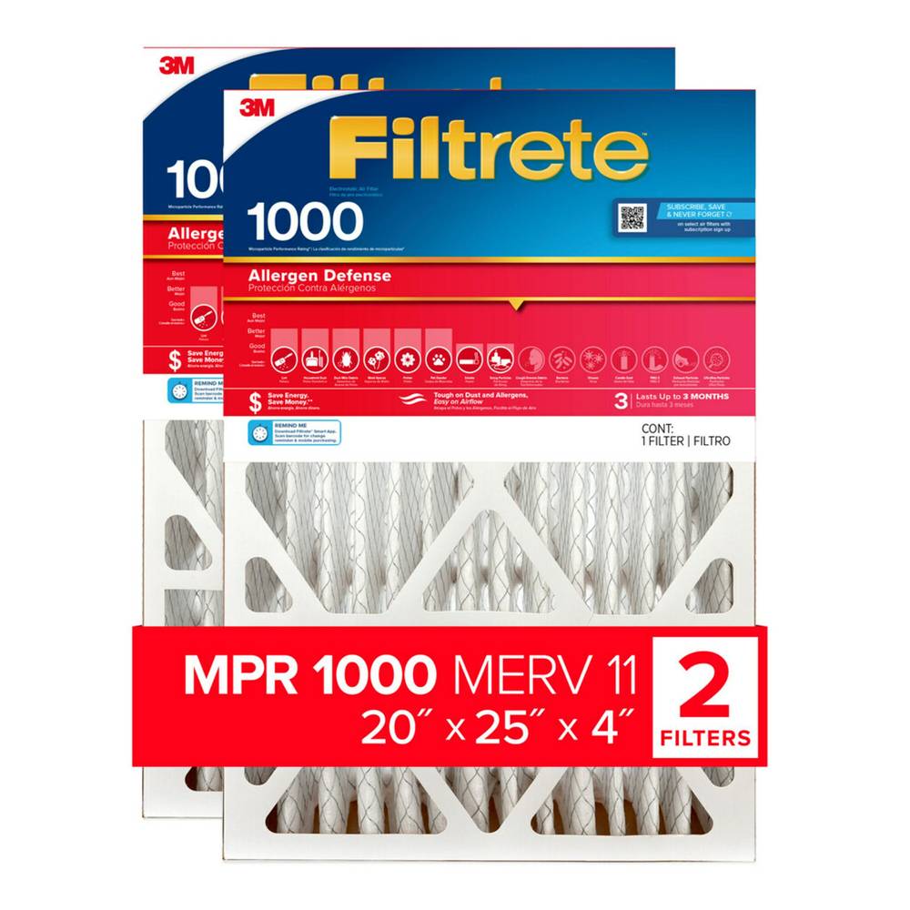 Filtrete 20-in W x 25-in L x 4-in MERV 11 1000 MPR Allergen Defense Electrostatic Pleated Air Filter (2-Pack) | LADP03-4-2P-2