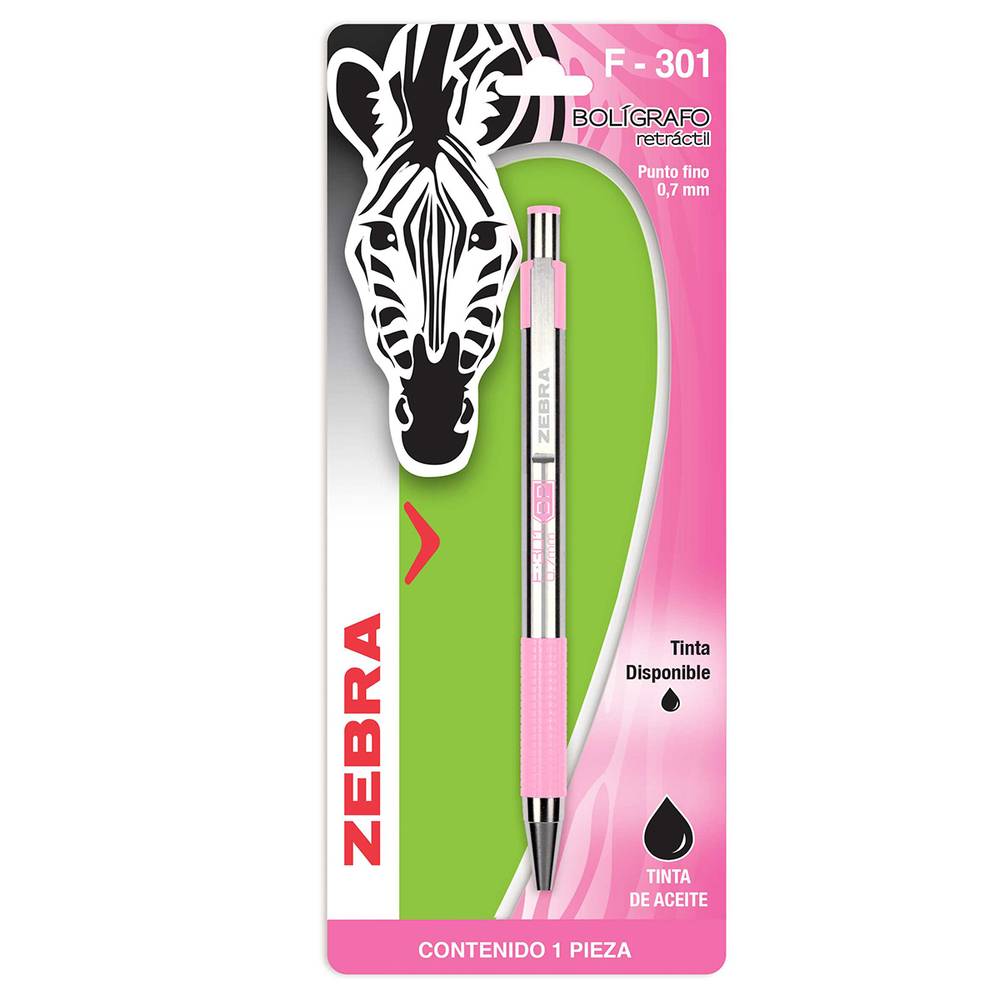 Zebra · Boligrafo retractil rosa cuerpo acero inox - boligrafo retractil punto fino .7mm tinta negra, pieza