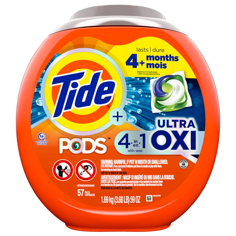 Tide Pods Liquid Laundry Detergent Soap Pacs, 4-n-1 Ultra Oxi, He Compatible, Built in Pre-Treater For Stains (59 oz, 57 ct)