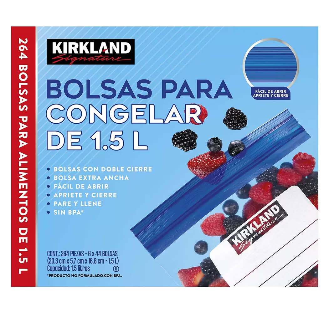 Kirkland Signature · Bolsas con doble cierre para congelar alimentos 1.5 l, 20.3x5.7x16.8 cm (6 x 44 un)