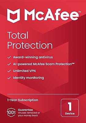 McAfee Total Protection for 1 User, Windows/Mac/Android/iOS/ChromeOS, Product Key Card (MTP21EST1RAAM)