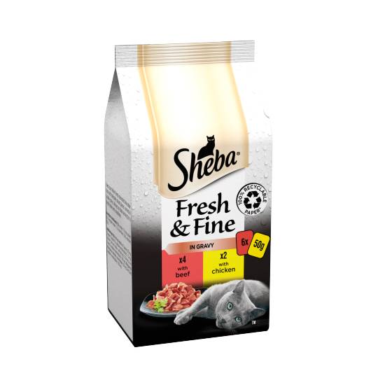Sheba Fresh & Fine Wet Cat Food Pouches Beef & Chicken in Gravy 6 X 50g