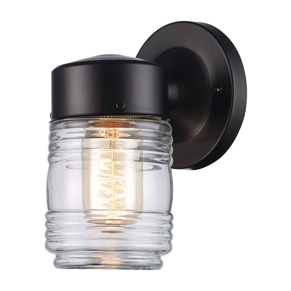 1-Light Black Outdoor Jelly Jar Wall Lantern Sconce