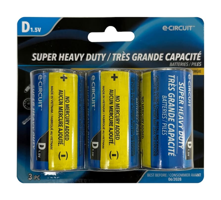 E Circuit Super Heavy Duty D Batteries 1.5 V (3 ct)