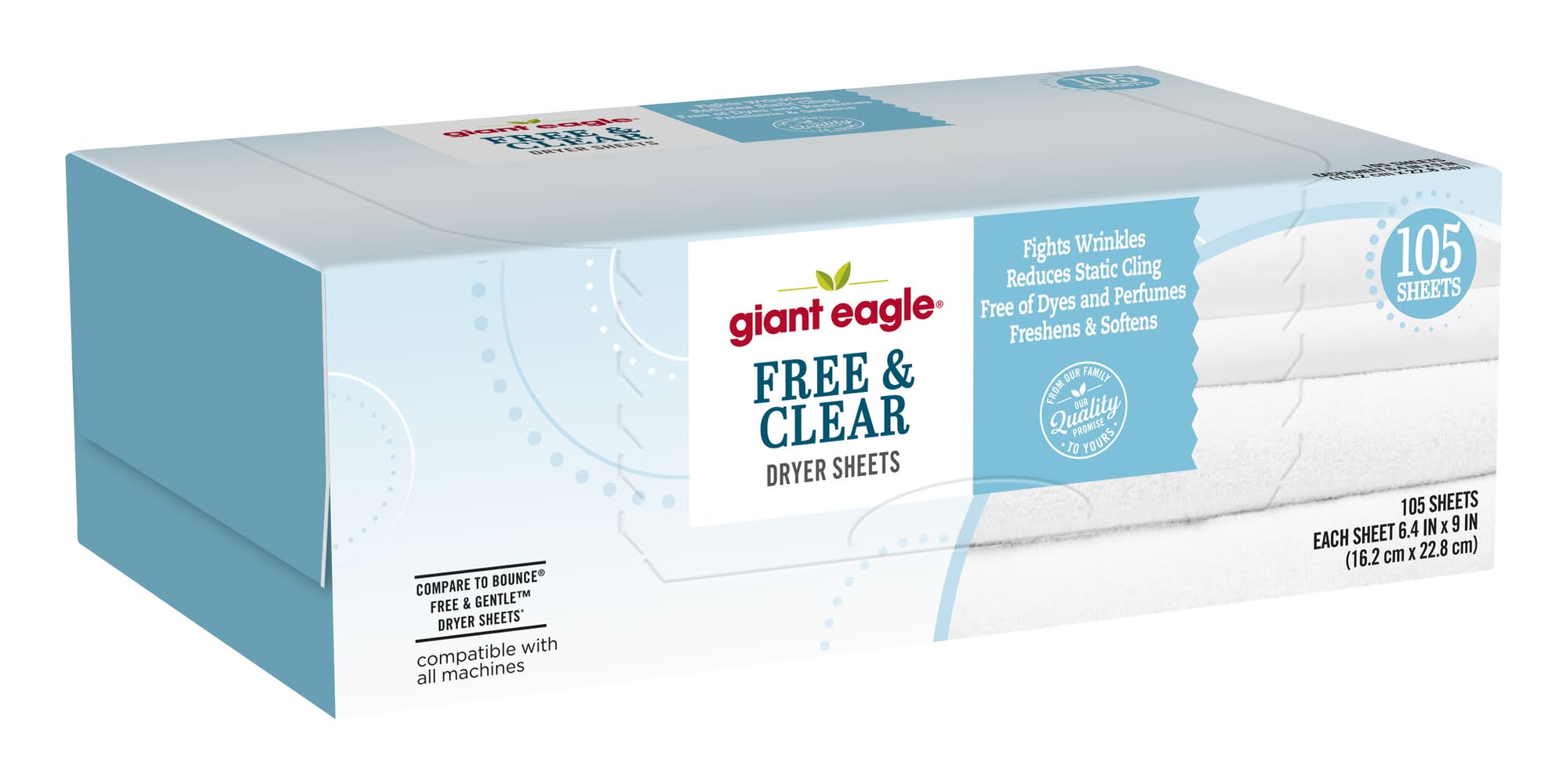Giant Eagle Dryer Sheets, Free-Clear, 6.4x9 in (105 ct)
