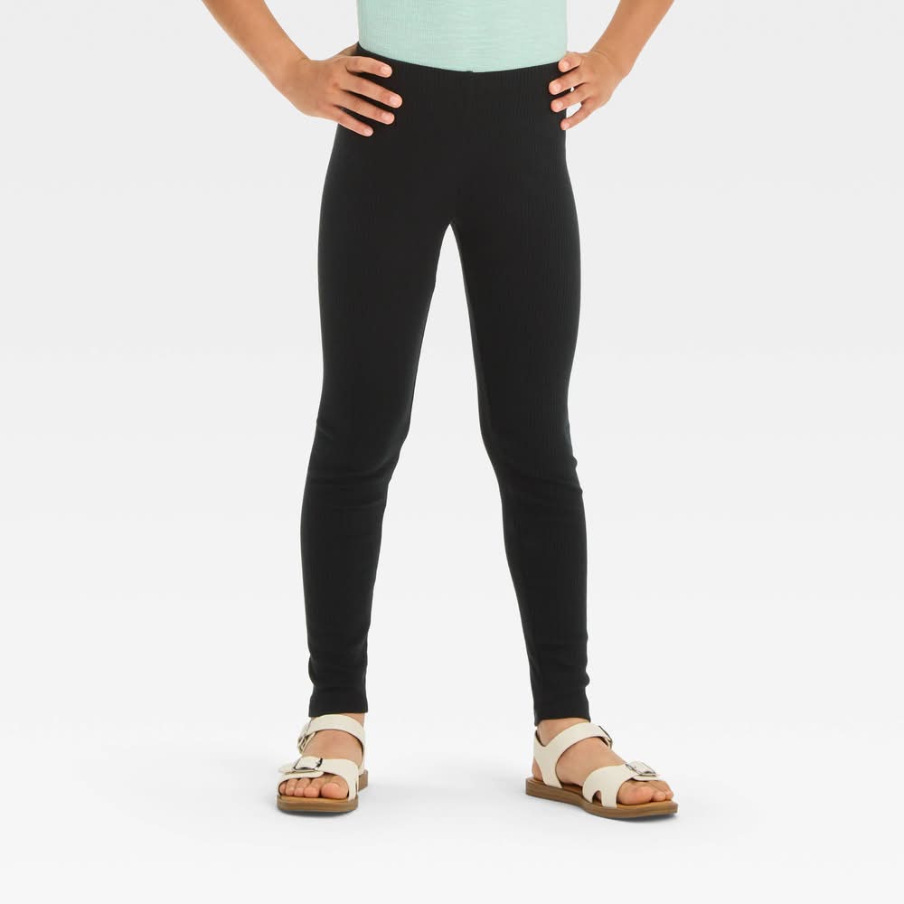 Girls' Solid Ribbed Leggings - Cat & Jack™ Black L: High Rise, Slim Leg, Elastic Waistband