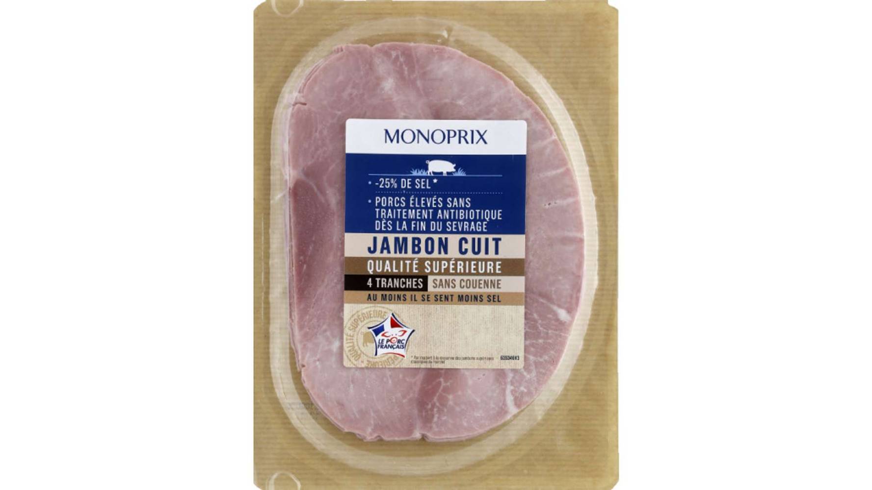 Monoprix Jambon découenné réduit en sel La barquette de 4 tranches - 160 g