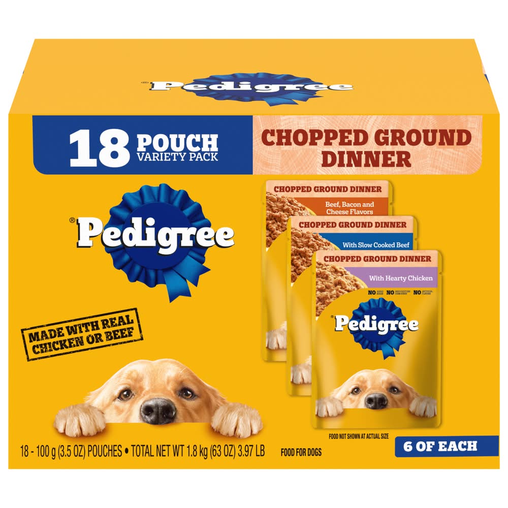 Pedigree Chopped Ground Dinner Wet Dog Food Variety pack, Beef-Bacon- Cheese-Chicken (63 oz, 18 ct)