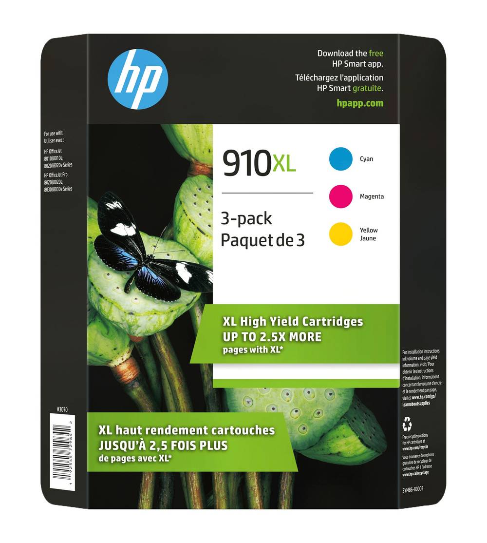 Hp 910Xl – Ensemble De 3 Cartouches D’Encre Tricolore À Haut Rendement (3Ym86Bn) / Hp 910Xl Cyan, Magenta And Yellow High Yield Original Ink Cartridges (3Ym86Bn) Combo-Pack