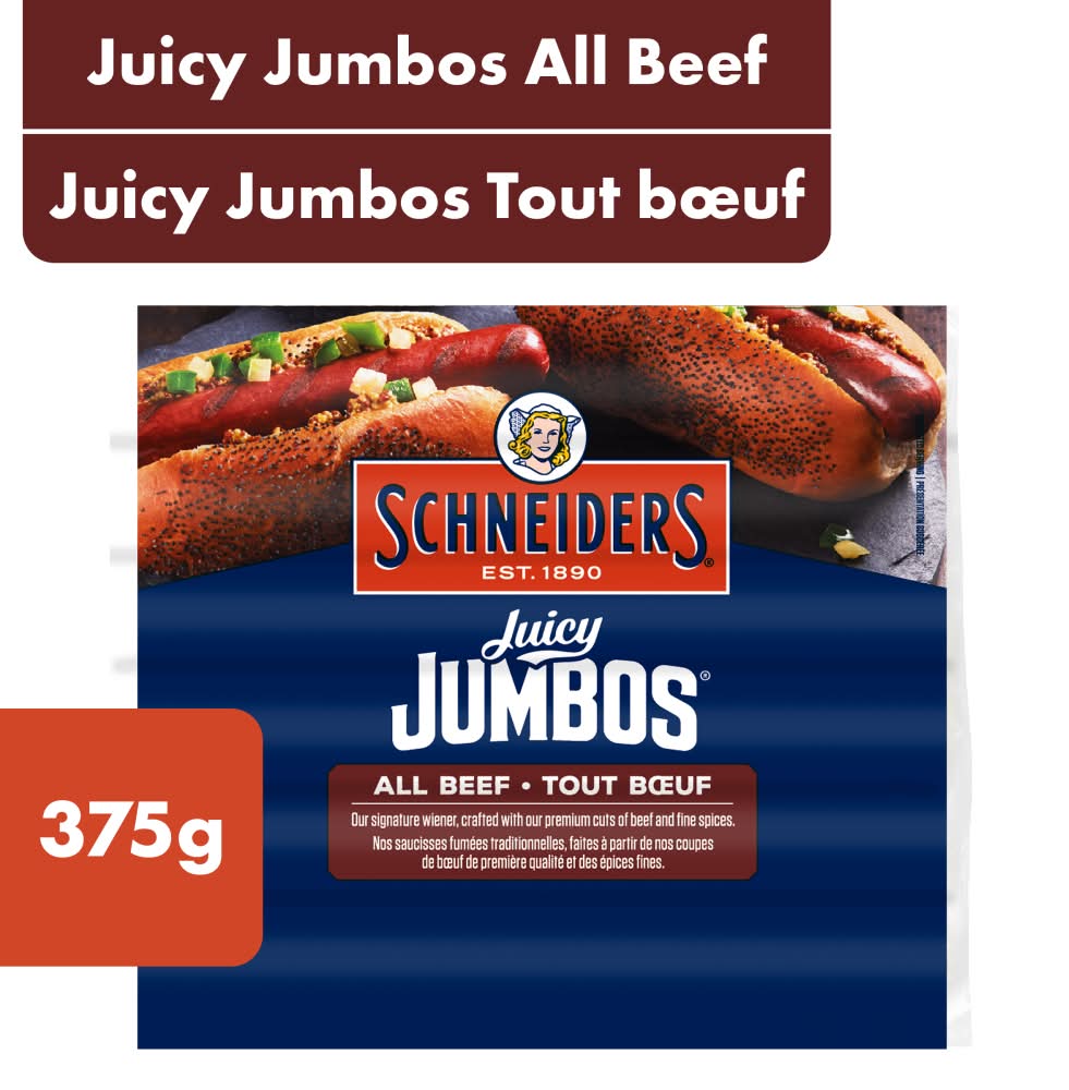 Schneiders juicy jumbos saucisse à hot-dog - juicy jumbos hot dog sausage (tout bœuf)