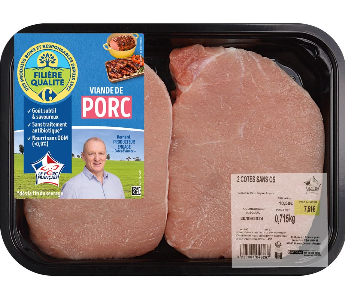 Côtes de Porc Première Sans Os FILIERE QUALITE CARREFOUR - la barquette de 2 - 750g
