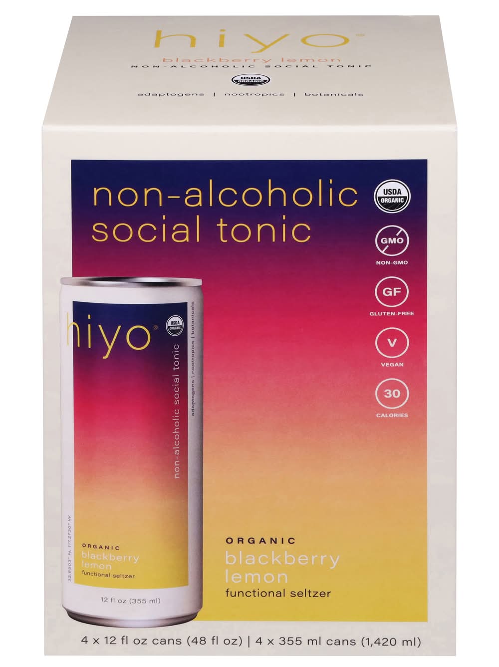 hiyo Organic Sparkling Social Tonic, Blackberry Lemon (4 x 12 fl oz)