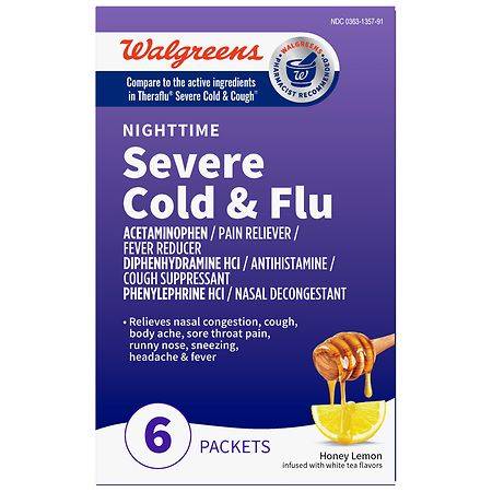 Walgreens Nighttime Severe Cold and Cough Powder, Hot Liquid Therapy For Fast Relief Honey Lemon Infused With White Tea - 6.0 Ea