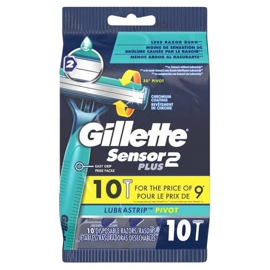 Gillette Sensor2 Plus 2-Blade Lubrastrip Pivot Disposable Razors, 10 CT