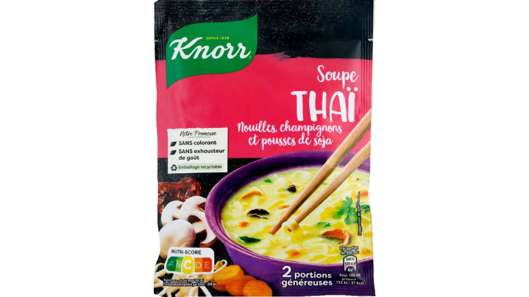 Knorr Soupe déshydratée Thaï, nouilles, champignons et pousses de soja Le sachet de 69g