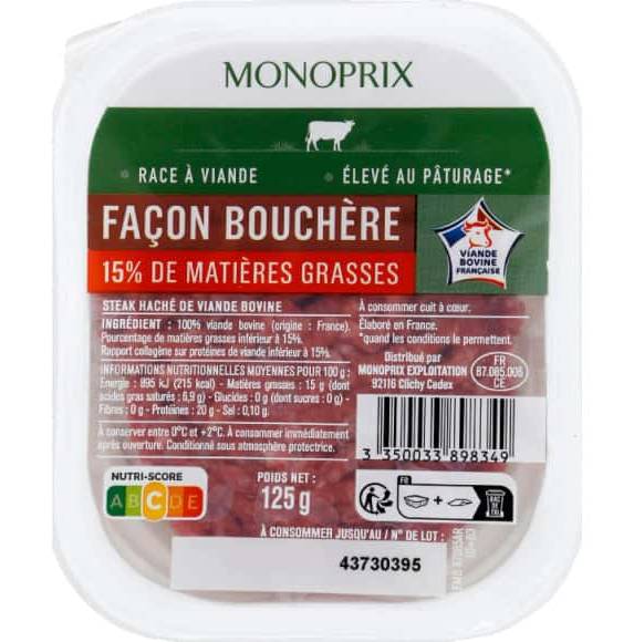 Monoprix - Steak haché de bœuf façon bouchère 15% matieres grasses (125g)