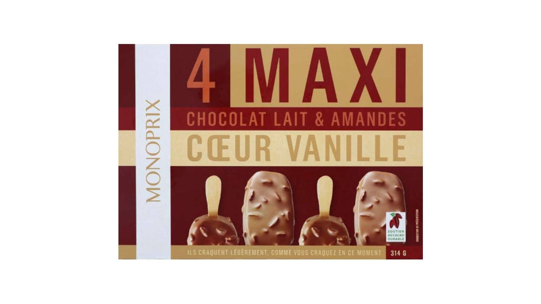 Monoprix - Glaces bâtonnets maxi (chocolat au lait - amandes - coeur vanille)