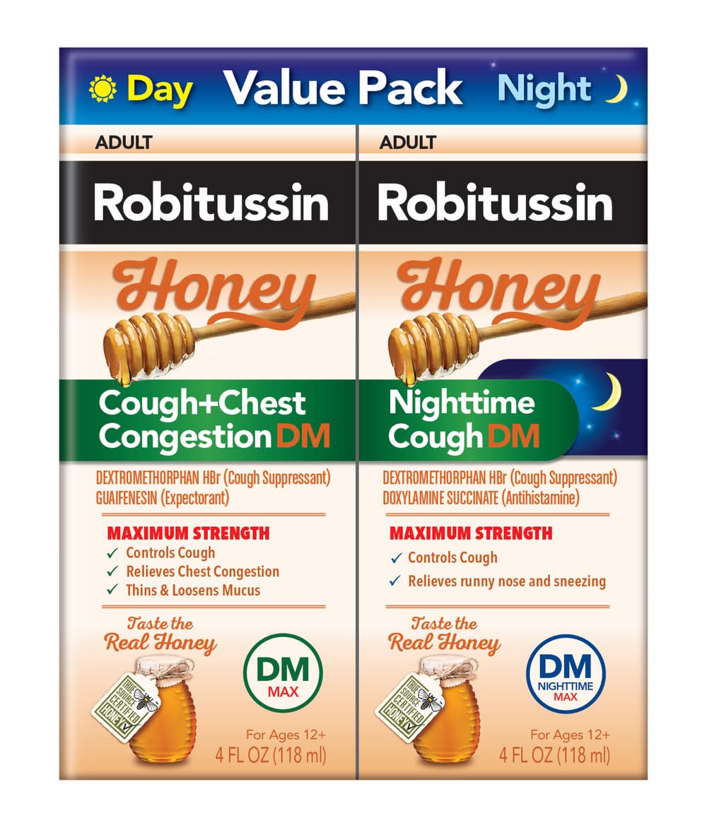 Robitussin Cough+Chest Congestion Dm Day & Nighttime Combo pack 12+ Years, Honey (4 fl oz, 2 ct)