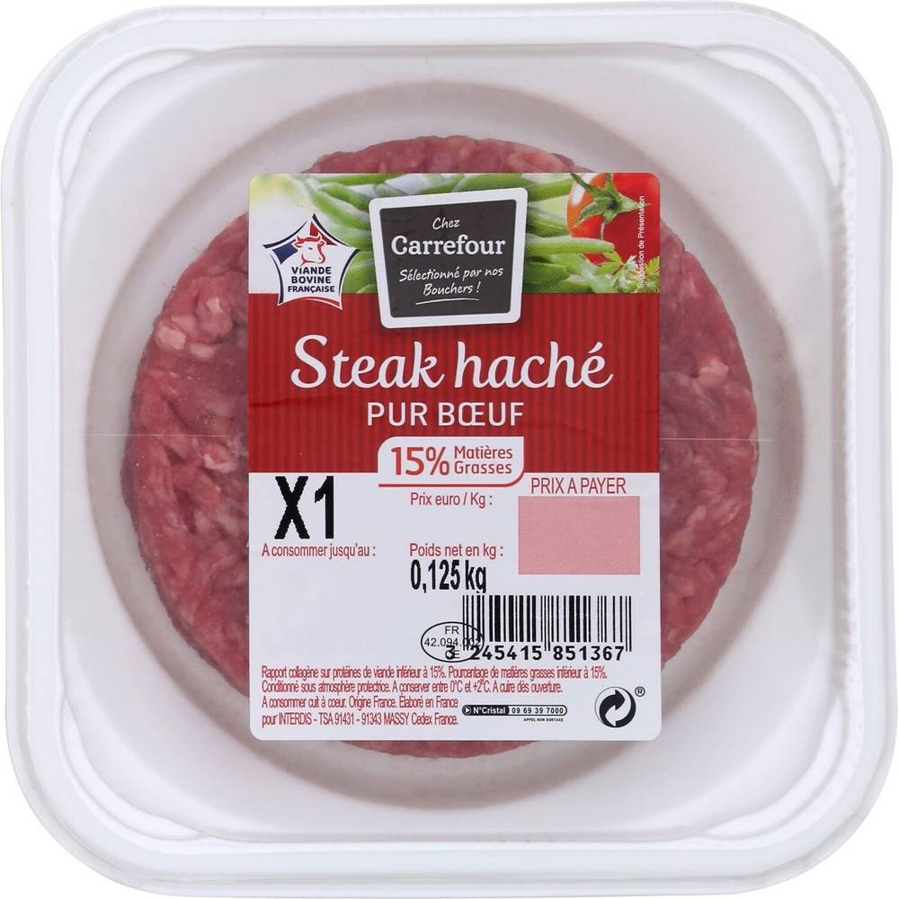 Carrefour - Steak haché pur bœuf 15% mg (125g)