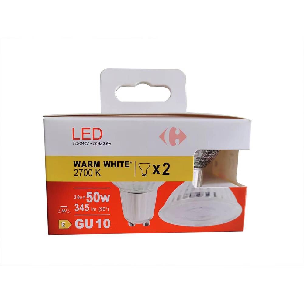 Carrefour - Ampoule led gu10 spot blanc-chaud 50w (2 pièces)