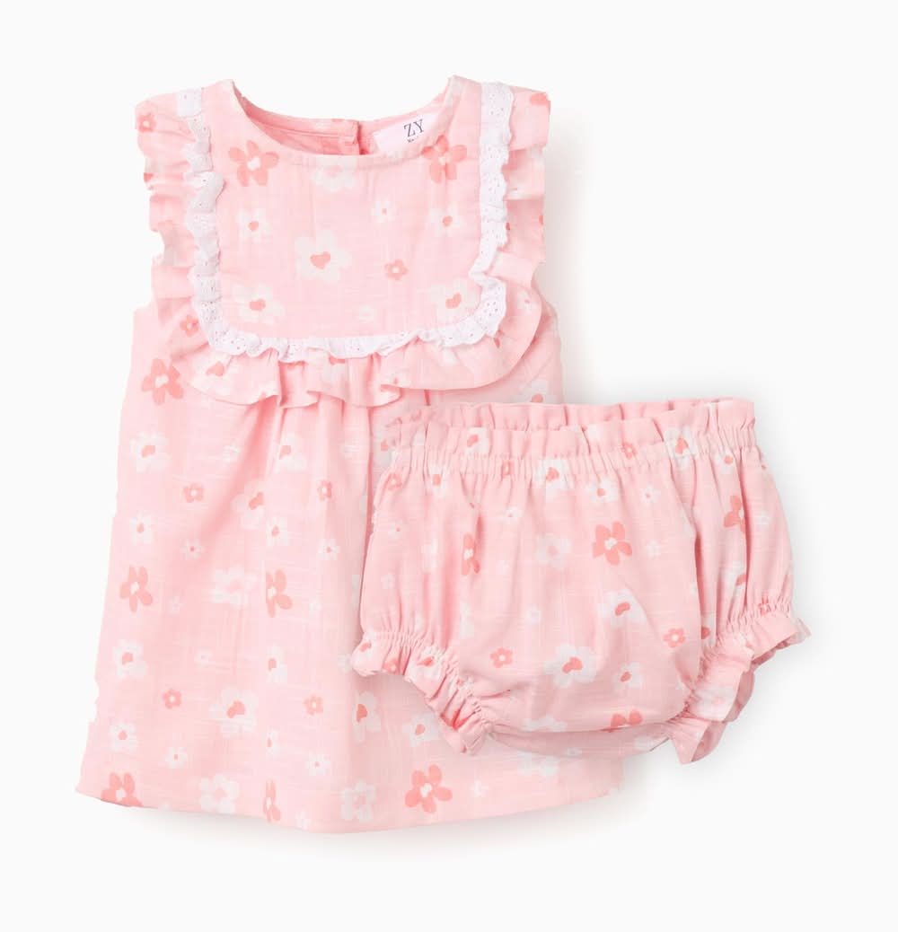 Vestido E Tapa-Fraldas De Algodão Com Flores Para Recém-Nascida, Rosa (Rosa Claro - 3/6M)