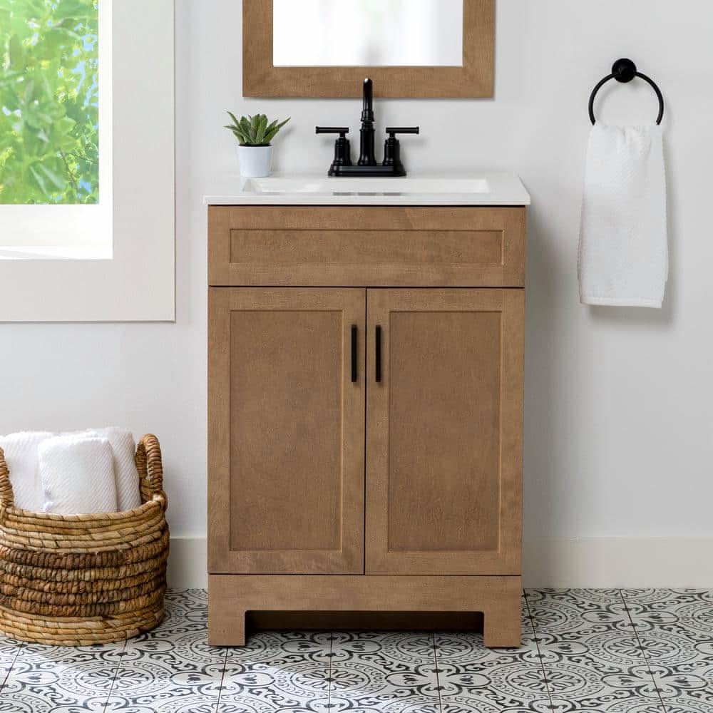 Glacier Bay Lyton 25 In. Single Sink Sand Freestanding Bath Vanity With White Cultured Marble Top (Assembled)