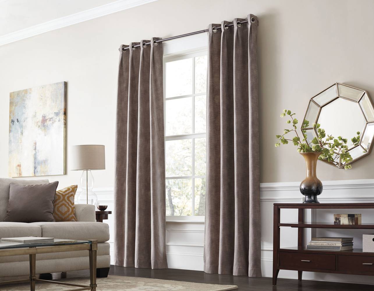 allen + roth 84-in Sand Room darkening Thermal lined Grommet Single curtain panel | X72628184ZBG