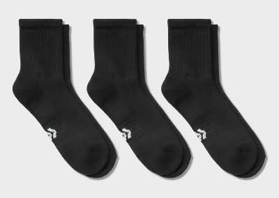 Men's 3pk Quarter Crew Socks - All In Motion™ Black 6-12: Recycled Polyester, Cushioned Heel & Toe
