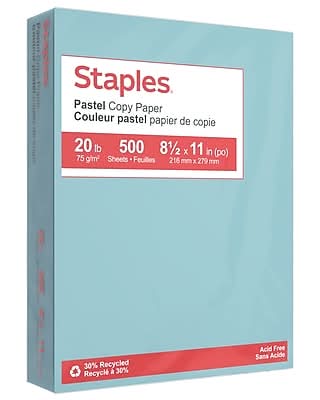 Staples Pastel 30% Recycled Color Copy Paper, 20 lbs., 8.5 x 11, Blue, 500/Ream (14786)