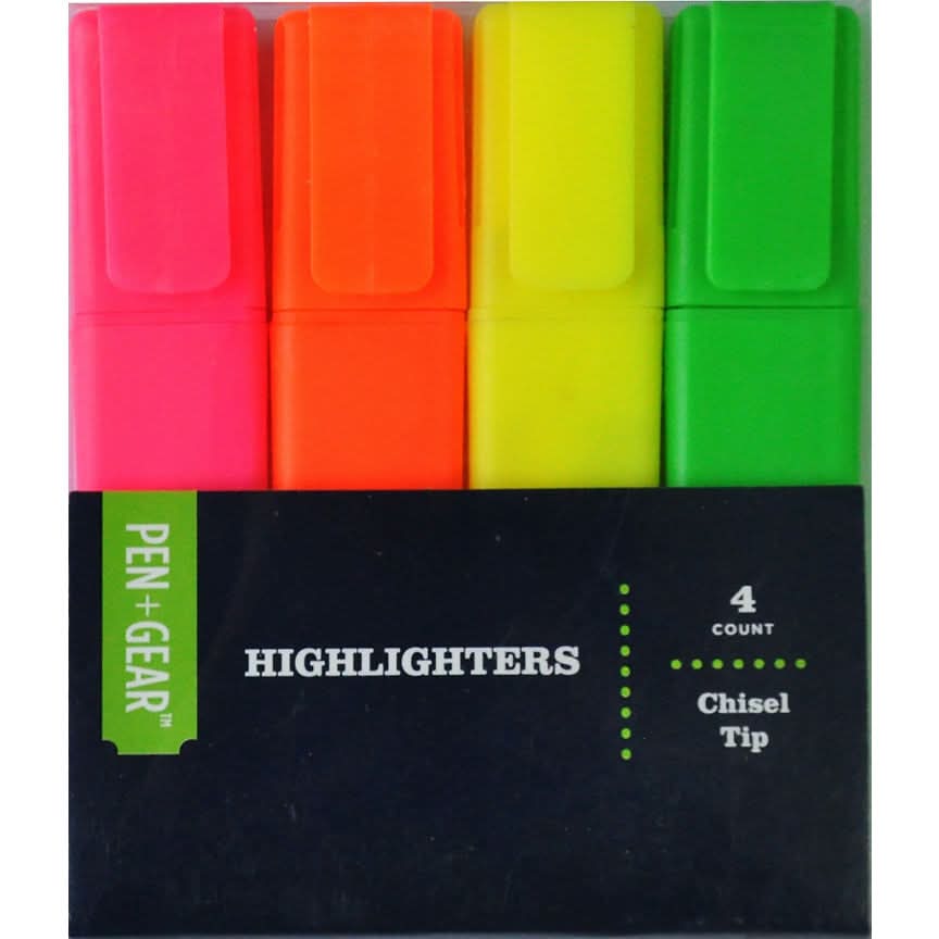 Pen+Gear Assorted, Neon Flat Highlighters (4 pack)