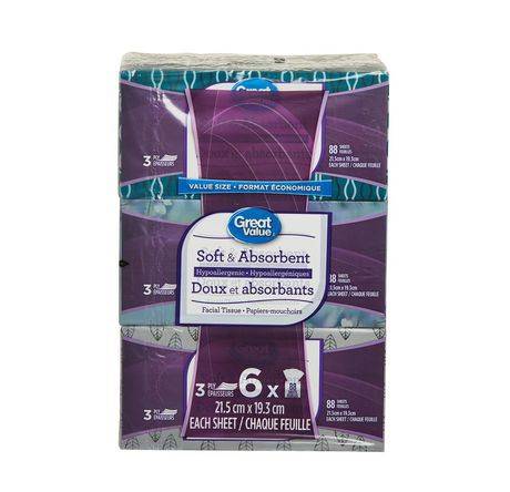 Great Value Soft and Absorbent Hypoallergenic Facial Tissues (6 x 88 units)