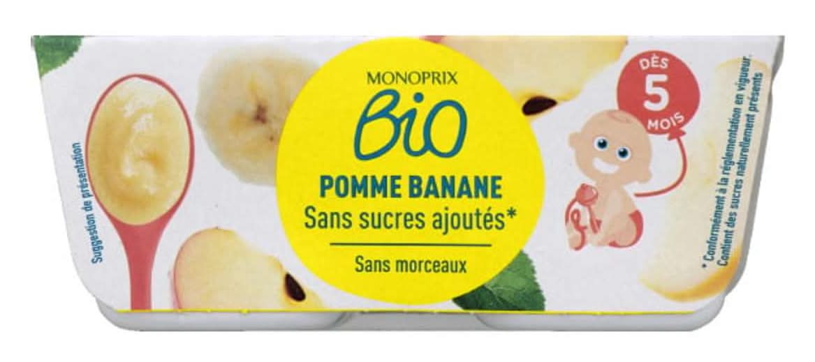 Monoprix Bio - Compote sans sucres ajoutés dès 5 mois, pommes, bananes, (4)