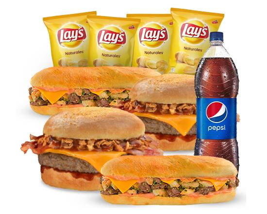 2 Hamburguesas Bacon Bbq + 2 Sanduches Lomo Pollo + Pepsi 2lt+ 4 Lays