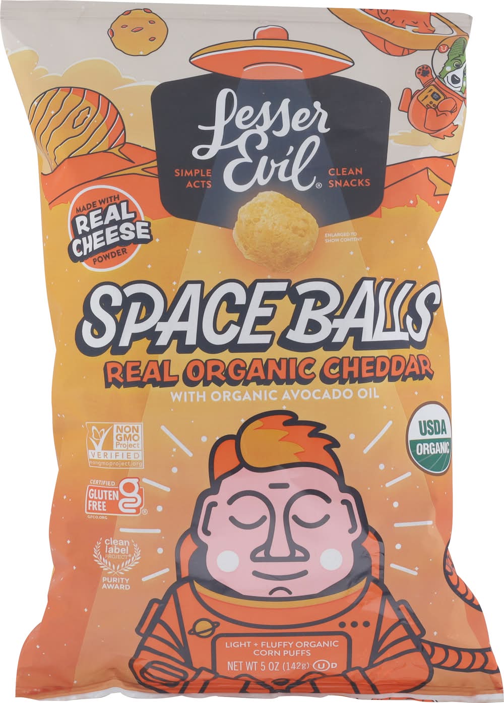 LesserEvil Light + Fluffy Corn Puffs, Real Organic Cheddar Space Balls (5 oz)