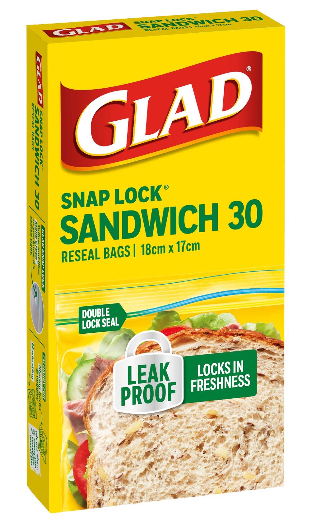 Glad Snaplock Resealable Sandwhich Bags, 18 cm x 17 cm (30 pack)