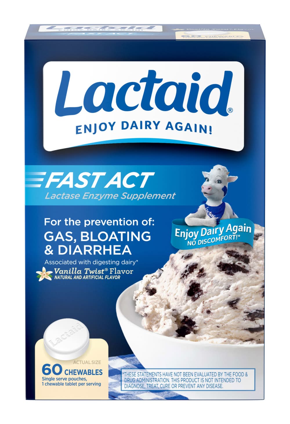 Lactaid Fast Act Lactase Enzyme Chewable Tablets, Vanilla Twist (60 ct)
