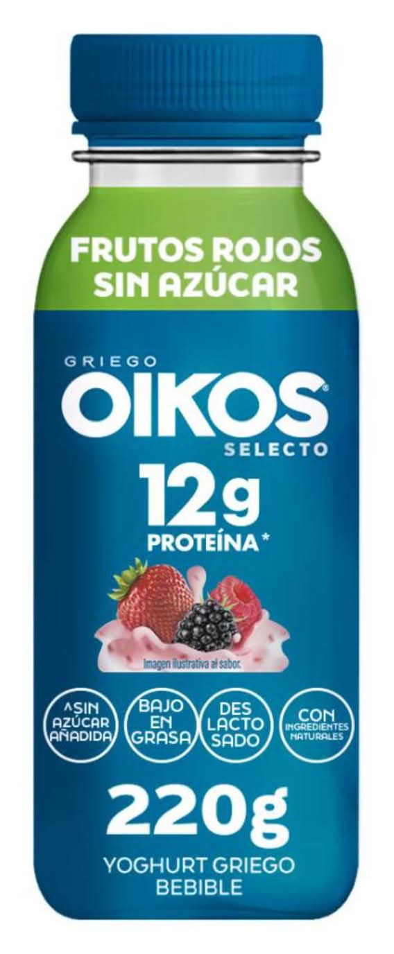 Oikos · Yogurt griego selecto bebible sin azúcar con 12 g de proteína, frutos rojos (220 g)