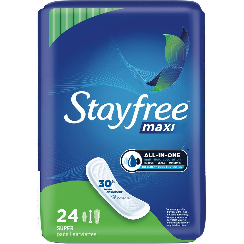 Stayfree All-In-One Multi-Fluid Absorption Periods Leaks Moisture Super Maxi Pads (24 ct)