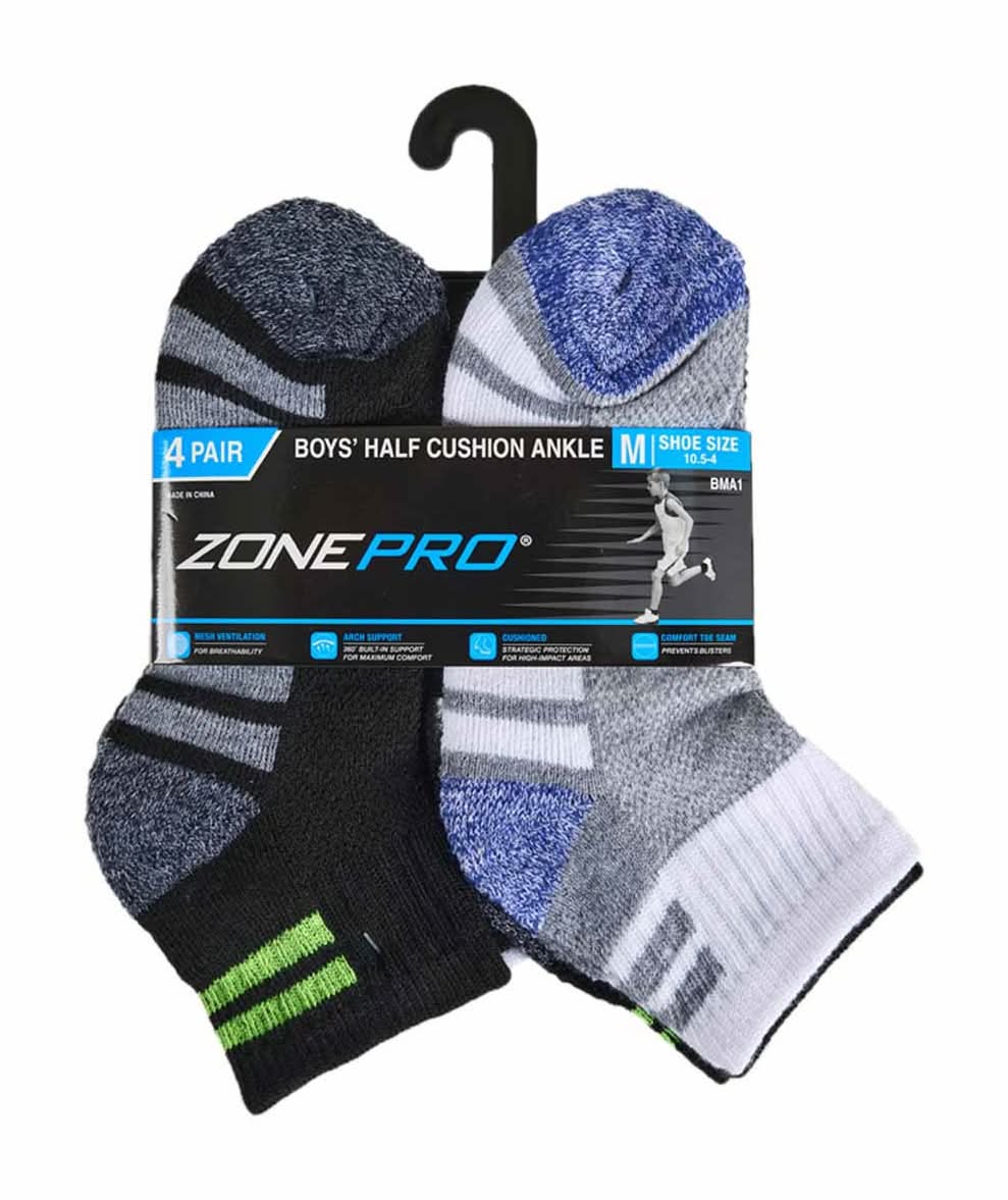 Zone Pro Boy'S Half Cushion Assorted Ankle Socks Medium 4 Pk