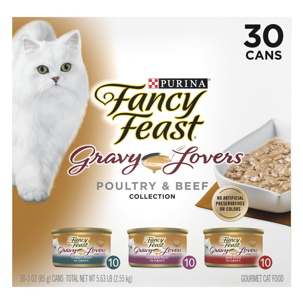 Purina Fancy Feast Gravy Lovers Poultry & Beef Collection Gourmet Wet Cat Food, Turkey Feast-Chicken Feast-Beef Feast, Adult (30 x 3 oz)