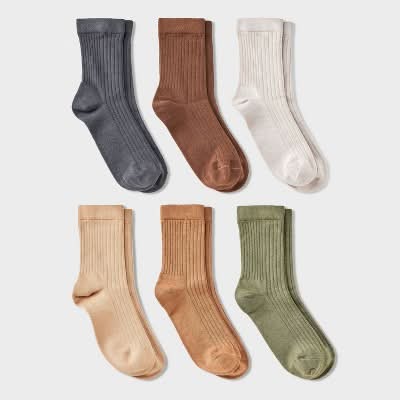 A New Day Women's Variegated Ribbed Mid Crew Socks, 4-10, Ivory-Green-Brown (6 ct)