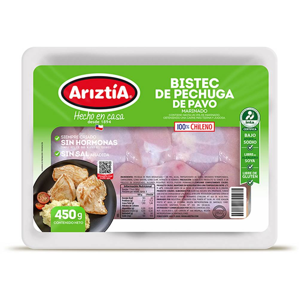 Ariztía bistec pechuga de pavo marinado (bandeja 450 g)