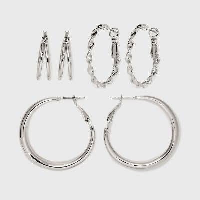 Universal Thread Twisted & Duo Hoop Earring Set, Silver (3 ct)