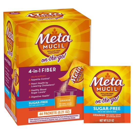 Metamucil 4-in-1 Psyllium Fiber Sugar-Free Single Serve Packets, Orange, 44 CT