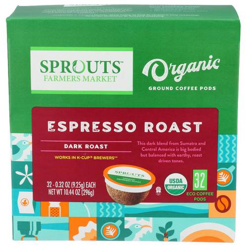 Sprouts Organic Ground Coffee Pods (32 ct, 10.44 oz) (Espresso Dark Roast)